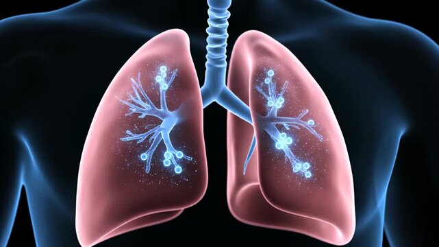Conceptual medical animation illustrates the pair of human lungs and the central trachea glowing with blue energy against a dark scientific background.