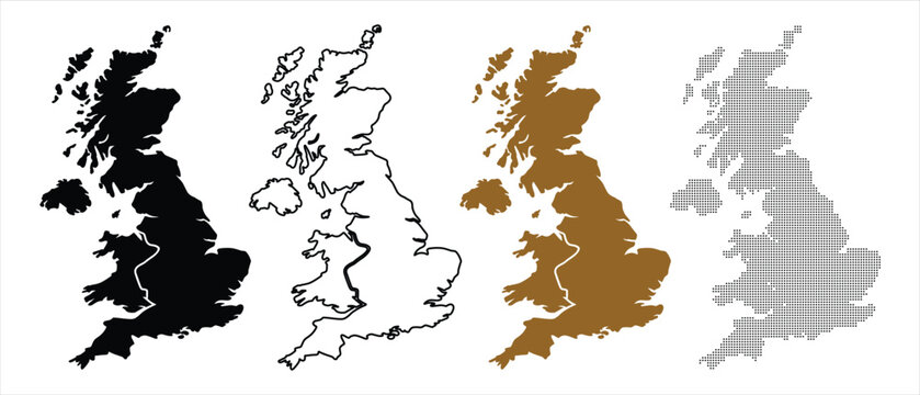 United Kingdom Map Silhouettes in Black, Outline, Brown, and Dotted Patterns