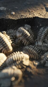 Ancient Fossilized Trilobites in Rocky Sediment Close Up