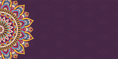 Horizontal color mandala banner. Decorative flower mandala background with place for text. Colorful abstract graphics. Arabic, islamic east style. Vector color illustration.