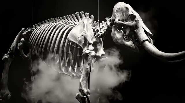 Ancient Mammoth Skeleton Displayed with Atmospheric Fog