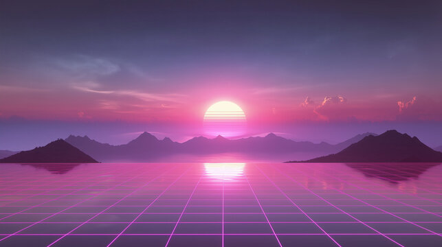 Neon grid sunset over mountains. Cyberpunk synthwave backdrop.