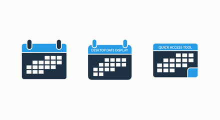 Calendar icons in dark navy and blue, representing desktop date display, quick access tool, and general calendar views for scheduling and organization
