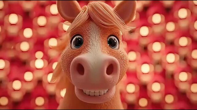 3D cartoon horse with blonde mane and big eyes standing in front of a vibrant red background with glowing lights