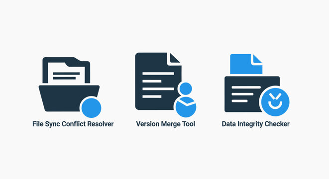 Icons for file management: folder, document with progress bar, and data integrity checker with a tick mark.