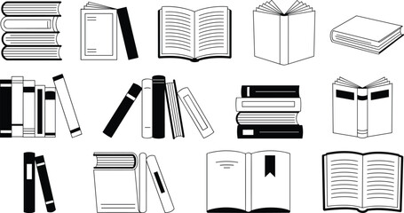 Vector book icon set with stacks and open books in outline and silhouette styles, library reading education collection for publishing designs