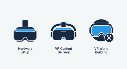 Virtual Reality Development and Content Icons, featuring VR Hardware Setup and World Building Symbols for Immersive Experience Delivery Pictograms