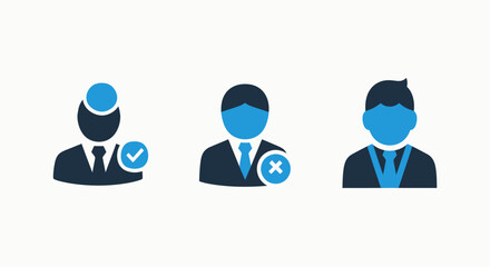 User Profile Management, Business Selection and Rejection, Employee Status and Approval Process, Modern Flat Vector Icon Set in Blue and Dark Tones
