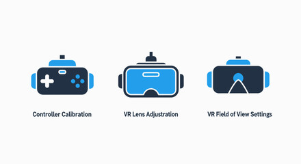 Virtual Reality Gaming and Experience Settings, Controller Calibration, Lens Adjustment, and Field of View Configuration, Modern Flat Vector Icon Set