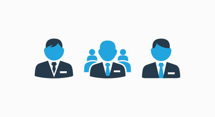 Business Professionals and Teamwork Concepts, Individual Employees and Corporate Group Collaboration, Modern Flat Vector Icon Set in Blue and Dark Tones