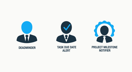 Project Management and Task Tracking Alerts, Employee Performance and Milestone Notification Systems, Modern Flat Vector Icon Set in Blue and Dark Tones