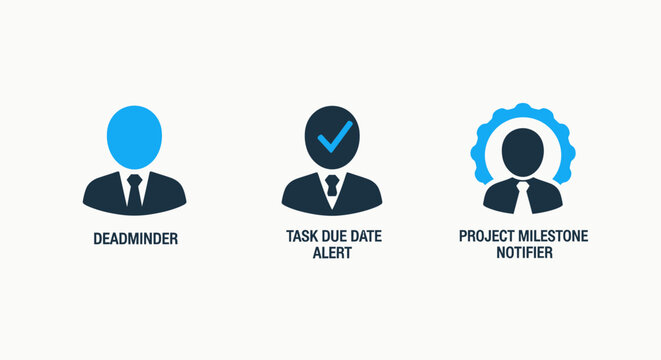 Project Management and Task Tracking Alerts, Employee Performance and Milestone Notification Systems, Modern Flat Vector Icon Set in Blue and Dark Tones