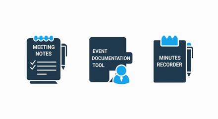 Professional Business Meeting Notes, Event Documentation, and Minutes Recorder Tools Icons Set
