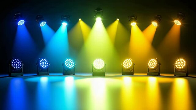 Stage lighting equipment with blue and yellow beams illuminating a dark background.
