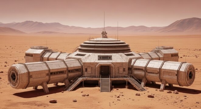 Futuristic habitat on Mars with mountains in the background.
