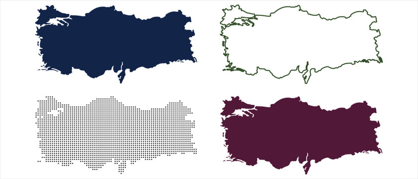 Four Turkey Map Silhouettes with Different Fill Styles and Colors