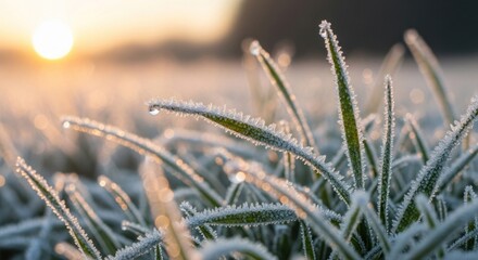 Fototapeta premium Frost covered grass blades glisten in the early morning sunrise.