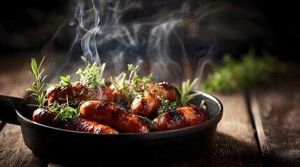 Delicious Hot Sausages Sizzling in a Cast Iron Skillet with Fresh Herbs.