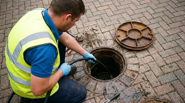 Man in safety gear inspecting sewer hole on brick street