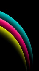 Cyan, Magenta, and Yellow CMYK color stripes curving on a dark black background, abstract graphic design element, vibrant gradient lines.