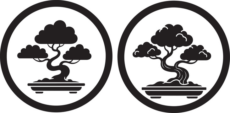 Two detailed black silhouette icons of bonsai trees in pots inside circles, representing nature and tranquility.