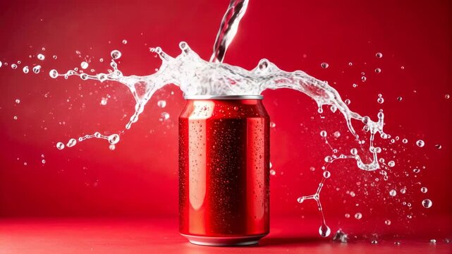 Red beverage can with splashing liquid against a vibrant red backdrop