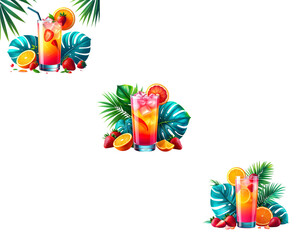 Naklejka premium A vibrant illustration of three colorful cocktails on transparent background with tropical leaves and fruits