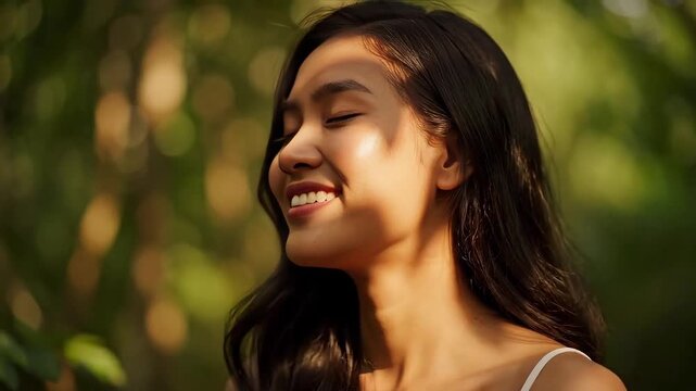 Serene young woman enjoying nature's beauty outdoors and feeling comfortable 