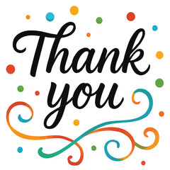 Handwritten Thank You Text with Swirl Ribbons and Colorful Circles, Decorative Typography for Greeting Card or Banner