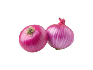 Fresh red onions with visible outer skin layers, isolated on a transparent background for recipes