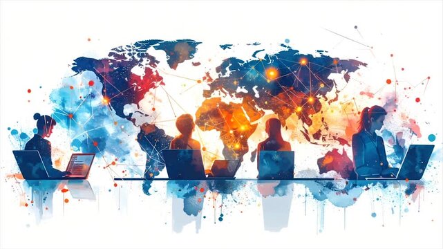 Watercolor art of people working on laptops, world map, and network lines over a white background