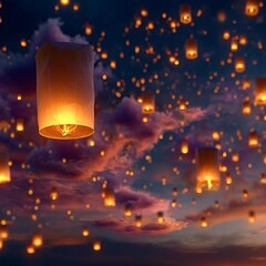 Golden Sky Lanterns Floating at Night, Lantern Festival.