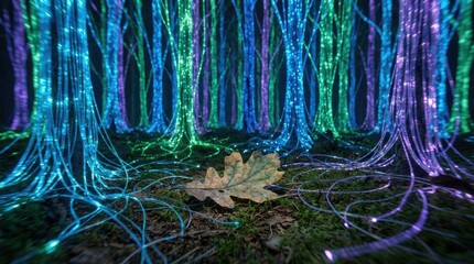 startup seed technology growth nature concept. Neon glowing forest with illuminated tree trunks and roots at night.