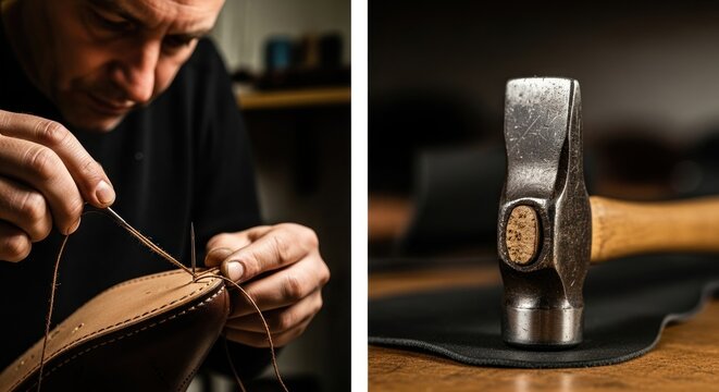 Skilled craftsman meticulously hand-stitching leather in a traditional workshop.