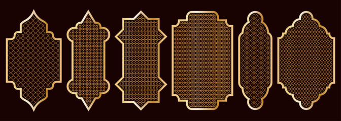 Islamic arch and window frames with gold geometric Arabic patterns