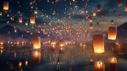 Golden Sky Lanterns Floating at Night, Lantern Festival.