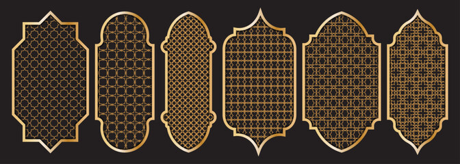Gold Islamic arch Ramadan collection with geometric patterns on dark background