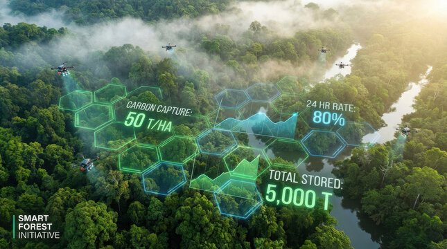 startup seed technology growth nature concept. A dense forest with overlaid futuristic data on carbon capture and storage.