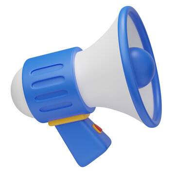 3D blue megaphone icon isolated on transparent background, representing marketing, advertising, announcements, communication, and promotional messages for digital business use.