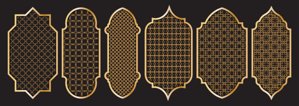 Gold Islamic arch Ramadan collection with geometric patterns on dark background