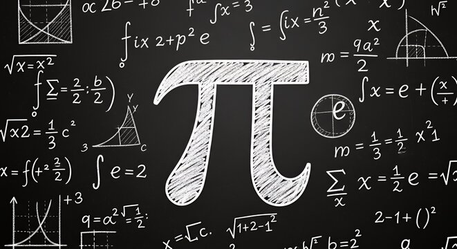 Pi Day Mathematical Symbols Close Up of &pi; Symbol on Chalkboard with Formulas