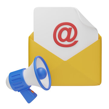 3D envelope with email symbol and megaphone, representing email marketing, digital promotion, newsletters, announcements, and online business communication.