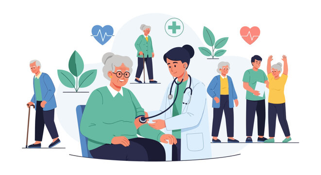 Healthcare illustration depicting a doctor examining an elderly patient surrounded by other seniors, symbolizing health and wellness for the aged population and medical support