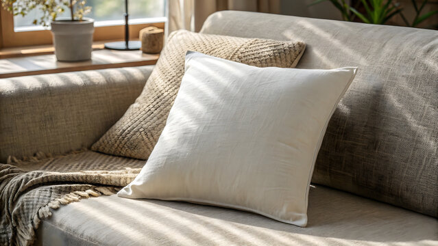 Comfortable sofa with textured pillows and a throw blanket, creating a cozy atmosphere