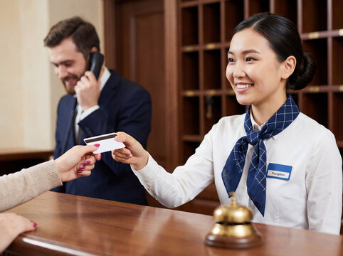 Hotel receptionist handing key card to guest at front desk
