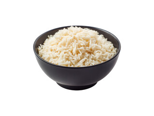 Cooked rice in a dark bowl, a staple food of many cultures, perfect for everyday meals