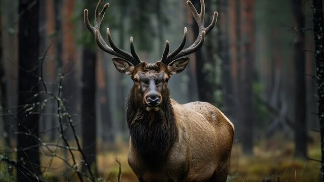 A majestic elk with impressive antlers stands boldly, front and center in a forest