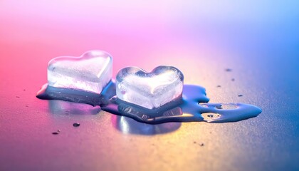 Melting heart shaped ice cubes on colorful background