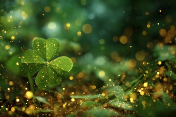 Glowing Shamrock Bokeh Background with Gold Sparkles for St. Patrick&rsquo;s Day