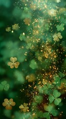 Glowing Shamrock Bokeh Background with Gold Sparkles for St. Patrick&rsquo;s Day